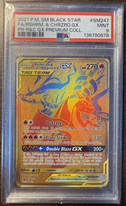 2021 POKEMON SM BLACK STAR PROMO #SM247 FULL ART/RESHIRAM & CHARIZARD GX PSA 9 - Image 1