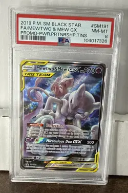 2019 POKEMON SM BLACK STAR PROMO #SM191 FULL ART/MEWTWO & MEW GX PSA 8 - Image 1