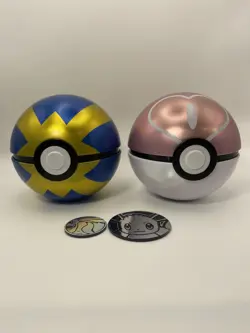 Lot of 2 Pokemon Pokeball Love Ball Quick Ball Display Tins + Coins, No Packs - Image 1