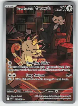 Team Rocket's Meowth 203/182 Illustration Rare Destined Rivals Pokemon NM - Image 1