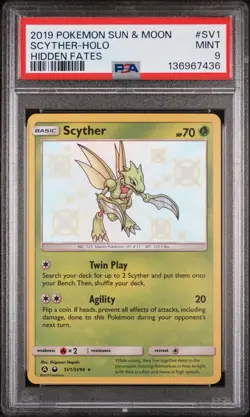 2019 POKEMON SUN & MOON HIDDEN FATES #SV1 SCYTHER-HOLO PSA 9 - Image 1