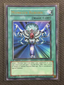 Yu-Gi-Oh TCG Monster Reborn 1st Ed HP 1996 LOB-118 Small Crease Top RHS - Image 1