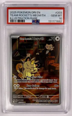 2025 POKEMON DESTINED RIVALS ILLUSTRATION RARE #203 TEAM ROCKET'S MEOWTH PSA 10 - Image 1