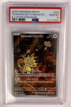 2025 POKEMON DESTINED RIVALS ILLUSTRATION RARE #203 TEAM ROCKET'S MEOWTH PSA 10 - Image 3
