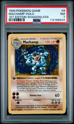 1999 POKEMON GAME 1ST ED-SHADOWLESS #8 MACHAMP-HOLO PSA 7 - Image 1