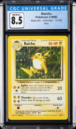 1999 POKEMON BASE SET - UNLIMITED - HOLO #14/102 RAICHU CGC 8.5 - Image 1
