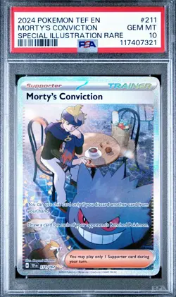 2024 POKEMON TEMPORAL FORCES 211 MORTY'S CONVICTION SPECIAL ILLUSTRATION PSA 10 - Image 1