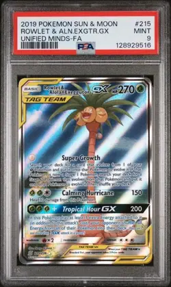 PSA 9 - 2019 POKEMON SUN & MOON UNIFIED MINDS FA/ROWLET & ALOLAN EXEGGUTOR GX - Image 1