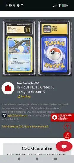 (POP 16) CGC 10 PRISTINE Marill Ex Delta Species 76/113 2005 Card Pokemon - Image 5