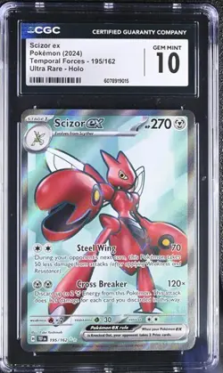 CGC 10 GEM Mint Scizor ex #195/162 Pokemon TCG SV05: Temporal Forces Holo Secret - Image 1