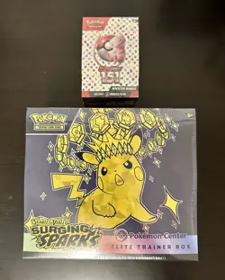POKEMON SURGING SPARKS ETB POKEMON CENTER FACTORY SEALED WITH 151 BOOSTER BUNDLE - Image 1