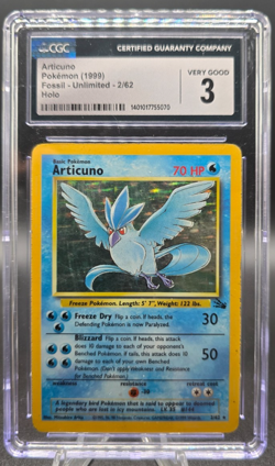 1999 Pokemon Fossil Articuno Holo 2/62 Unlimited CGC 3 Very Good Vintage - Image 1