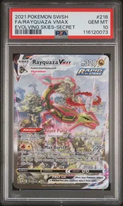 2021 Pokemon Evolving Skies Rayquaza VMAX #218 Secret Rare PSA 10 - Image 1