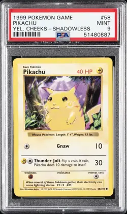 1999 POKEMON BASE SET SHADOWLESS YELLOW CHEEKS-#58 PIKACHU PSA 9 - Image 1