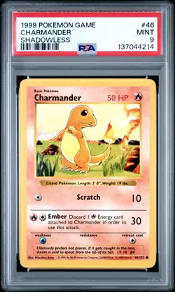 Pokemon Card Charmander 46/102 Shadowless Base Set 1999 PSA 9 MINT - Image 1