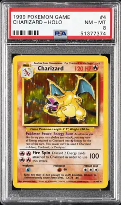 1999 POKEMON BASE SET UNLIMITED #4 CHARIZARD-HOLO PSA 8 - Image 1