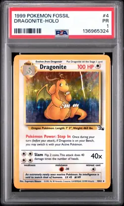 1999 POKEMON FOSSIL #4 DRAGONITE-HOLO PSA 1 - Image 1