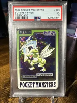 1997 Pokemon Japanese Carddass Pocket Monsters File #123 Scyther Prism PSA 5 - Image 1