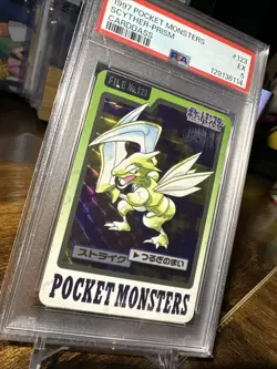 1997 Pokemon Japanese Carddass Pocket Monsters File #123 Scyther Prism PSA 5 - Image 2