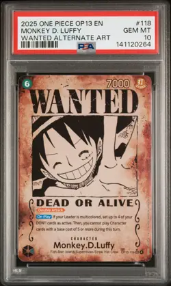 2025 ONE PIECE OP13-WANTED ALTERNATE ART #118 MONKEY D. LUFFY PSA 10 - Image 1