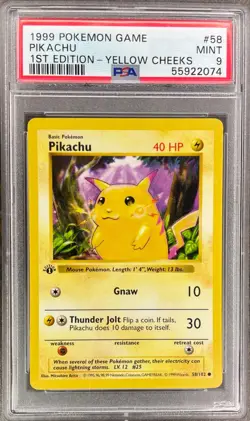 Pokemon Pikachu Base Set 1st Edition - Yellow Cheeks (Shadowless) #58 PSA 9 Mint - Image 1
