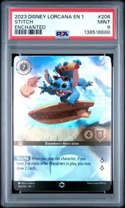 2023 DISNEY LORCANA EN 1-THE FIRST CHAPTER #206 STITCH - CAREFREE SURFER PSA 9 - Image 1