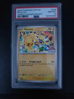 2025 POKEMON SVP EN-SV BLACK STAR PROMO WORLD CHAMPIONSHIPS #225 PIKACHU PSA 10 - Image 1
