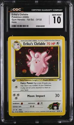 CGC 10 GEM MINT Erika's Clefable Gym Heroes 1st Edition 3/132 Holo Pokemon Card - Image 1