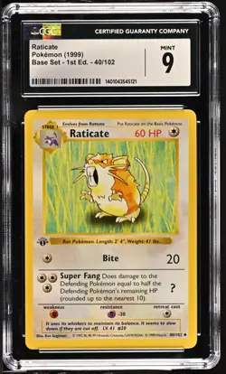 CGC 9 Raticate 1999 Base Set Shadowless 1st Edition 40/102 Pokemon WOTC - Image 1