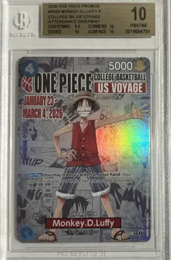 BGS 10 PRISTINE One Piece Card Monkey.D.Luffy US College Basketball Voyage Promo - Image 1