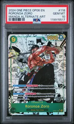 2024 ONE PIECE OP06 RORONOA ZORO MANGA ALTERNATE ART #118 PSA 10 - Image 1