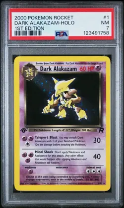 2000 Pokemon Dark Alakazam Holo 1st Edition Team Rocket 1/82 PSA 7 NM with Swirl - Image 1