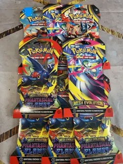Pokemon TCG 🔥🔥 4 MEGA EVOLUTIONS AND 4 PHANTASMAL FLAMES SLEEVED HANGAR PACKS - Image 2