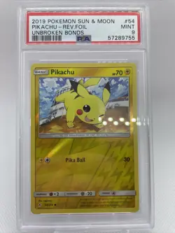 2019 Pokemon Sun & Moon #54 Pikachu Reverse Foil Unbroken Bonds PSA 9 - Image 1