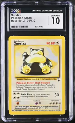 2000 Pokemon Base Set 2 Snorlax CGC 10 #30/130 - Image 1