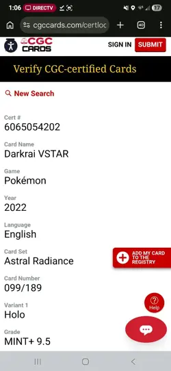 2022 POKEMON ASTRAL RADIANCE DARKRAI VSTAR CGC 9.5 - Image 3