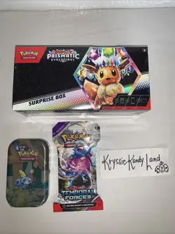Lot Pokemon Prismatic Evolutions Surprise Box + Tin + Temporal Forces Sealed New - Image 1