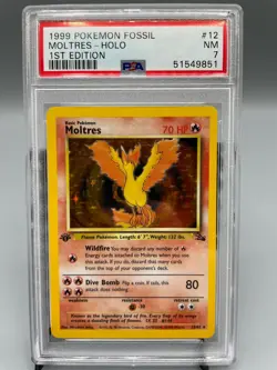 1999 Pokemon Fossil #12 Moltres 1st Edition Holo Card PSA 7 NM - Image 1