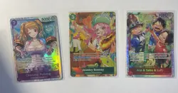 One Piece Cards- Charlotte Pudding, Jewelry Bonney, Ace & Sabo & Luffy - Image 1