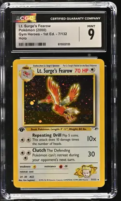 CGC 9 MINT Lt. Surge's Fearow Gym Heroes 1st Edition 7/132 Holo Pokemon Card - Image 1