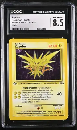 CGC 8.5 Zapdos 1999 Fossil 1st Edition 15/62 Holo Pokemon Card - Image 1