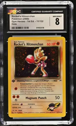 CGC 8 Rocket's Hitmonchan Gym Heroes 1st Edition 11/132 Holo Pokemon Card - Image 1
