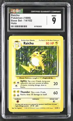 CGC 9 MINT Raichu 1999 Base Set 14/102 Holo Pokemon Card - Image 1