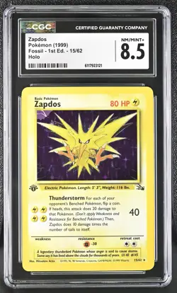 CGC 8.5 Zapdos 1999 Fossil 1st Edition 15/62 Holo Pokemon Card - Image 1
