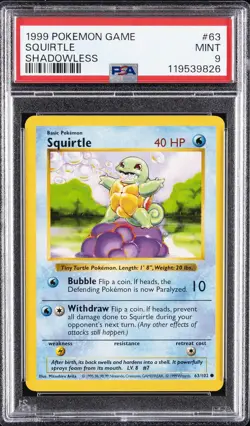 1999 POKEMON BASE SET SHADOWLESS #63 SQUIRTLE PSA 9 - Image 1
