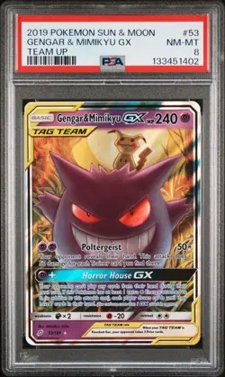 2019 POKEMON SUN & MOON TEAM UP #53 GENGAR & MIMIKYU GX PSA 8 - Image 1