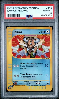 2002 POKEMON EXPEDITION #133 TAUROS-REVERSE FOIL PSA 8 - Image 1