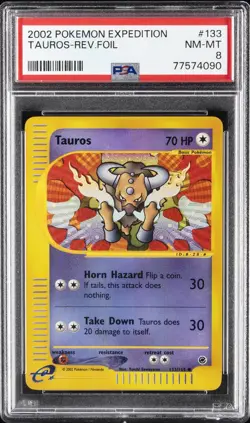 2002 POKEMON EXPEDITION #133 TAUROS-REVERSE FOIL PSA 8 - Image 1