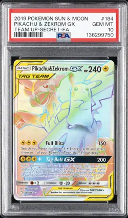 2019 POKEMON SUN & MOON TEAM UP SECRET #184 FULL ART/PIKACHU & ZEKROM GX PSA 10 - Image 1