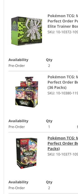 PRESALE Pokemon TCG Perfect Order- 1x PC ETB, 1x Booster box, 2x Booster Bundle - Image 1